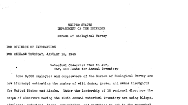 Waterfowl Observers Take to Air, Car, and Boats for Annual Inventory January 18, 1940