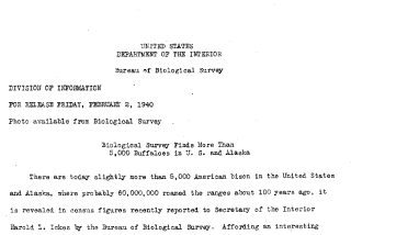Biological Survey Finds More Than 5,000 Buffaloes in U.S. and Alaska February 2, 1940