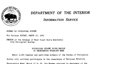 Biological Survey Joins Nation in Celebrating Wildlife Week March 17, 1940