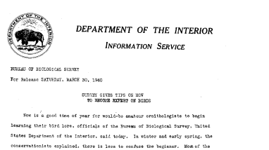 Survey Gives Tips on How to Become Expert on Birds March 30, 1940