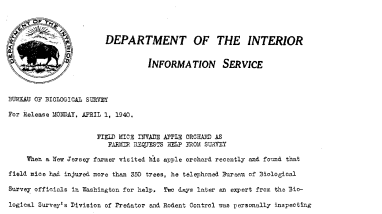 Field Mice Invade Apple Orchard as Farmer Requests Help From Survey April 1, 1940