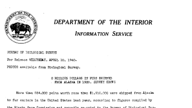 2 Million Dollars in Furs Shipped From Alaska in 1939, Survey Shows April 10, 1940 B