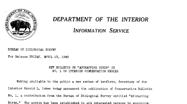 New Bulletin on "Attracting Birds" Is No. 1 in Interior Conservation Series April 12, 1940