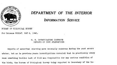 U.S. Investigators Disprove Reports of Duck Starvations May 5, 1940 A