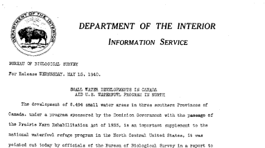 Small Water Developments in Canada Aid U.S. Waterfowl Program in North May 15, 1940 B