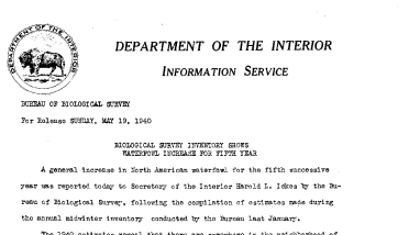 Biological Survey Inventory Shows Waterfowl Increase for Fifth Year May 19, 1940