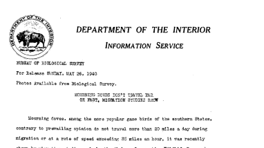 Mourning Doves Don't Travel Far or Fast, Migration Studies Show May 26, 1940