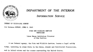 Fish and Wildlife Service Organized --June 2, 1940