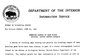 Breeding Ranges of Game Birds Reduced, Survey Report Reveals June 24, 1940 B