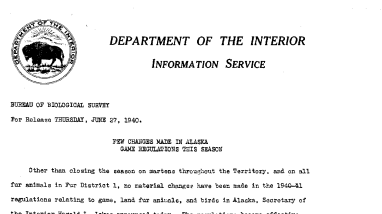 Few Changes Made in Alaska Game Regulations This Season June 27, 1940
