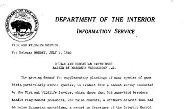 Chukar and Hungarian Partridges Raised by Breeders Throughout U.S. July 1, 1940