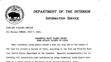 Ornamental Woody Plants Around Home Attract Variety of Birds July 7, 1940 A