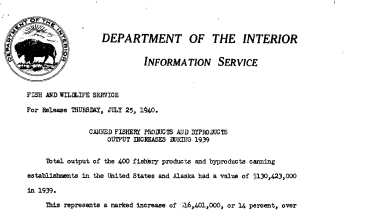 Canned Fishery Products and Byproducts Output Increases During 1939 July 25, 1940