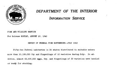 Report of Federal Fish Hatcheries July 1940 August 19, 1940 A
