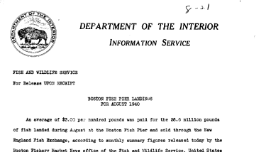 Boston Fish Pier Landings for August 1940 August 21, 1940