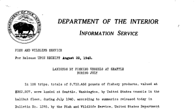Landings by Fishing Vessels at Seattle During July August 22, 1940