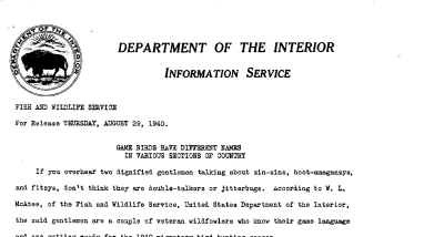 Game Birds Have Different Names in Various Sections of Country August 29, 1940