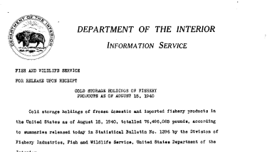 Cold Storage Holdings of Fishery Products as of August 15, 1940 September 9, 1940