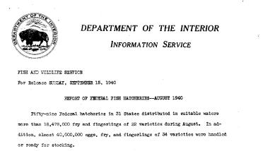 Report of Federal Fish Hatcheries August 1940 September 15, 1940
