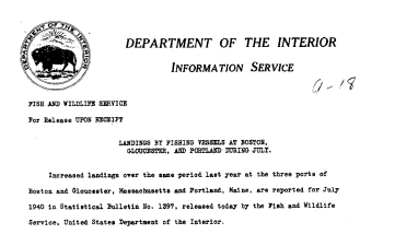 Landings by Fishing Vessels at Boston, Gloucester, and Portland During July September 18, 1940 B