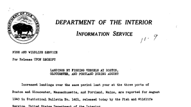 Landings by Fishing Vessels at Boston, Gloucester, and Portland During August October 9, 1940