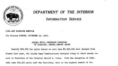 Alaska Still Important Producer of Wildlife, Annual Report Shows November 18, 1940 A