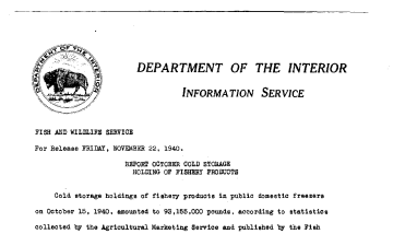 Report October Cold Storage Holding of Fishery Products November 22, 1940 C