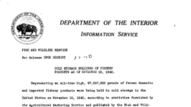 Cold Storage Holdings of Fishery Products as of November 15, 1940 December 10, 1940