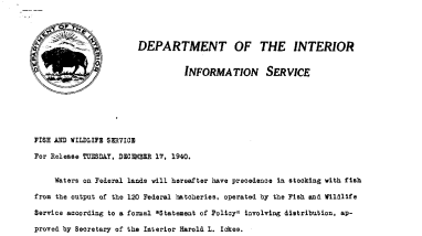 Stocking Federal Lands First With Hatchery Fish December 17, 1940