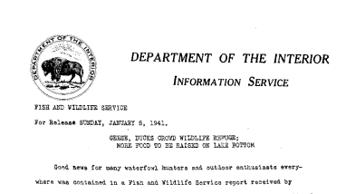 Geese, Ducks Crowd Wildlife Refuge: More Food to Be Raised on Lake Bottom January 5, 1941-A
