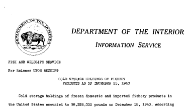 Cold Storage Holdings of Fishery Products as of December 15, 1940 January 10, 1941-C