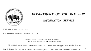 Old-Time Market Hunter Reminisices; Says Protection Bringing Game Back January 21, 1941