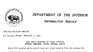 Deer Being Restored by 3-Way Contract Between Ranchers, State, Federal Agency February 7, 1941