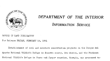 Establishment of Soil and Moisture Conservation Projects on Bosque Del Apache and Piedmont February 14, 1941