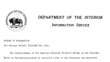 Establishment of Imperial National Wildlife Refuge February 28, 1941-A