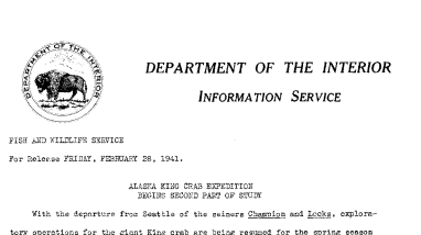 Alaska King Crab Expedition Begins Second Part of Study February 28, 1941-C