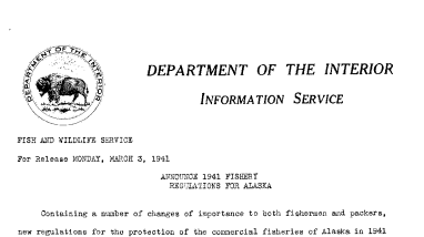 Annoounce 1941 Fishery Regulations for Alaska March 3, 1941