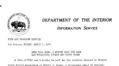 Gets $500 Fine, 6 Months Jail for Game Law Violation: Others Get Stiff Fines March 7, 1941-A