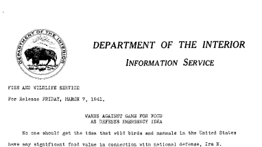 Warns Against Game for Food as Defense Emergency Idea March 7, 1941-C