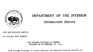 Cold Storage Holdings of Fishery Products as of February 15, 1941 March 12, 1941-B