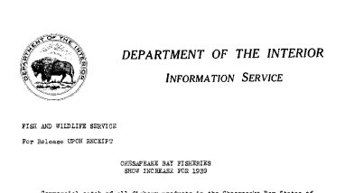 Chesapeake Bay Fisheries Show Increase for 1939 March 29, 1941