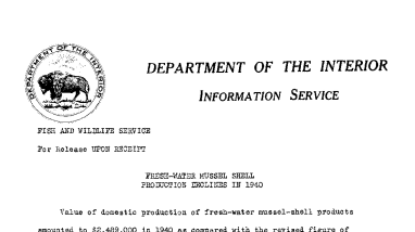 Fresh-Water Mussel Shell Production Declines in 1940 April 3, 1941