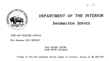 1940 Canned Oysters Pack Shows Increase April 17, 1941