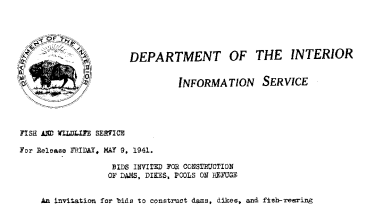 Bids Invited for Construction of Dams, Dikes, Pools on Refuge May 9, 1941