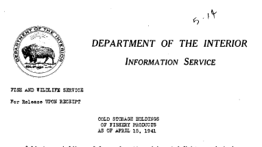 Cold Storage Holdings of Fishery Products as of April 15, 1941 May 14, 1941