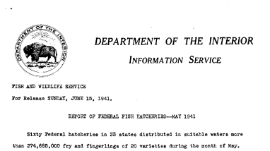 Report of Federal Fish Hatcheries --May 1941 June 15, 1941