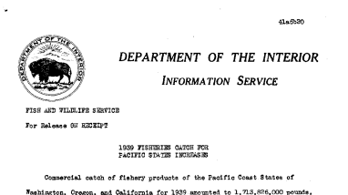1939 Fisheries Catch for Pacific States Increases June 20, 1941