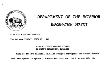 Many Wildlife Refuges Opened to Sports Fishermen, Tourists June 23, 1941