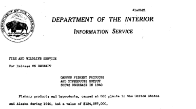 Canned Fishery Products and Byproducts Out Put Shows Decrease in 1940 August 21, 1941