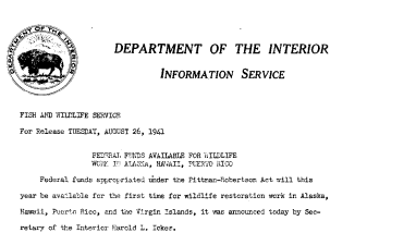 Federa; Funds Available for Wildlife Work in Alaska, Hawaii, Puerto Rico August 26, 1941